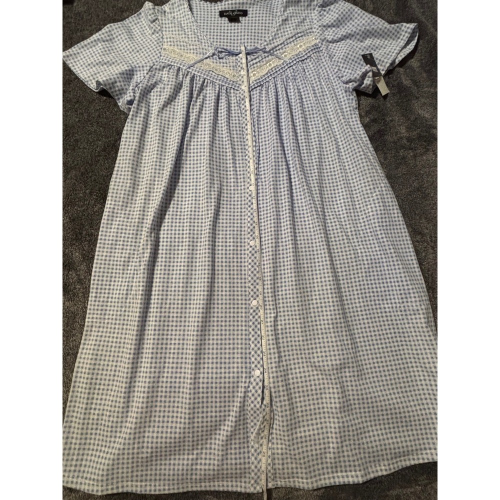 Y2K Earth Angels Blue Gingham Short Sleeve Nightgown Lace Trim Front Pocket NWT